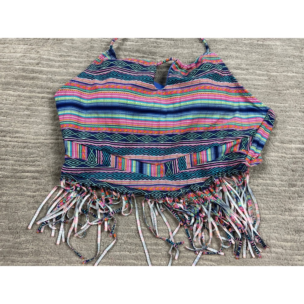 OP Bikini Top Women L Large Multi Geometric Halter Fringe OPS17304T Tribal Boho - Picture 3 of 11